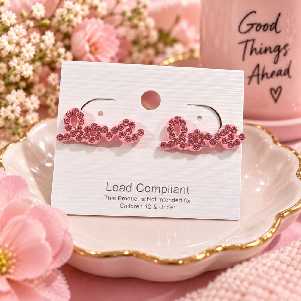 Pink Love Rhinestone Stud Earrings Sparkly Y2K Inspired Romantic Girly Jewelry